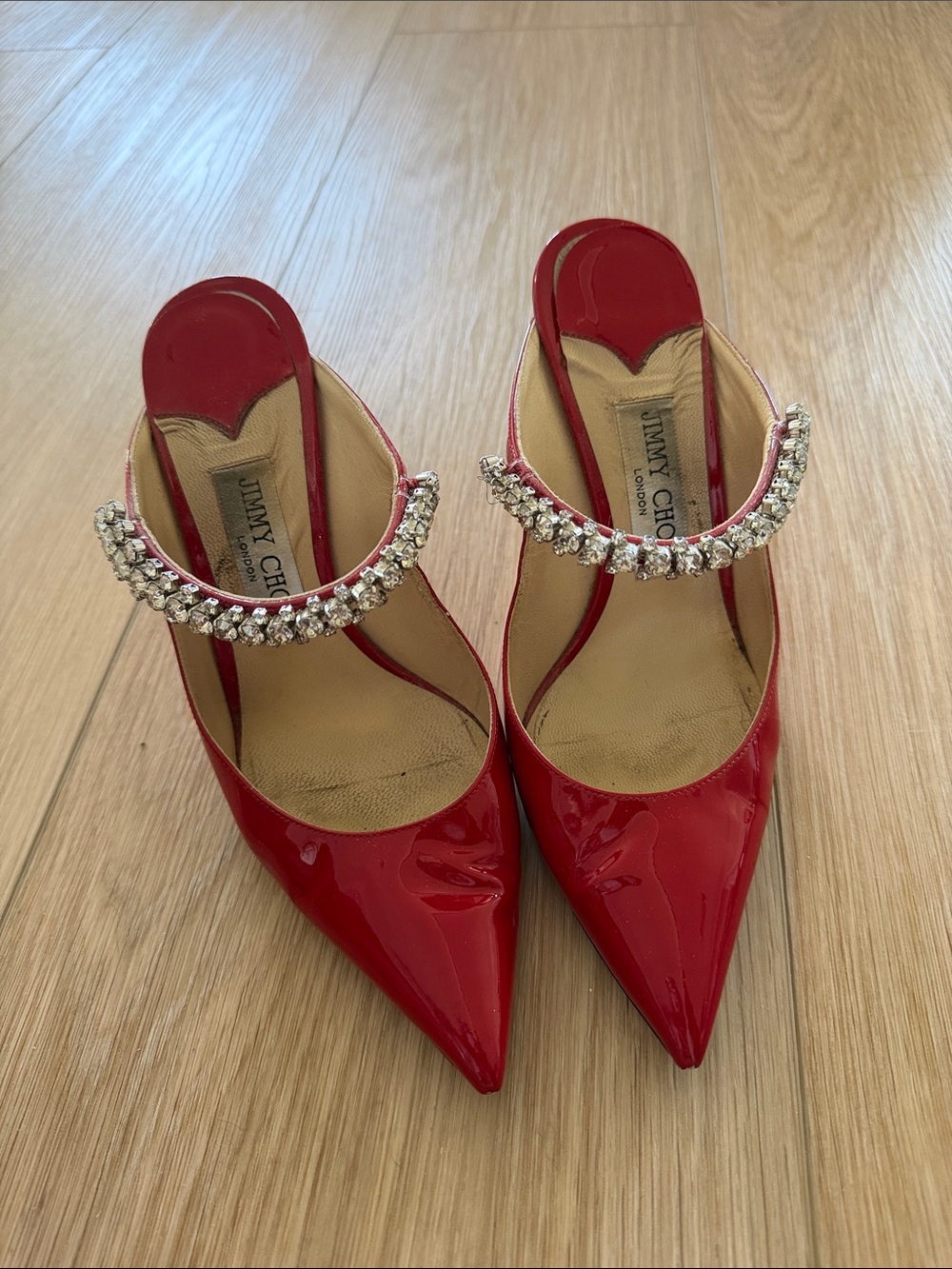 Jimmy Choo Red Patent Pointed Toe Heels with Crystal Strap Detail